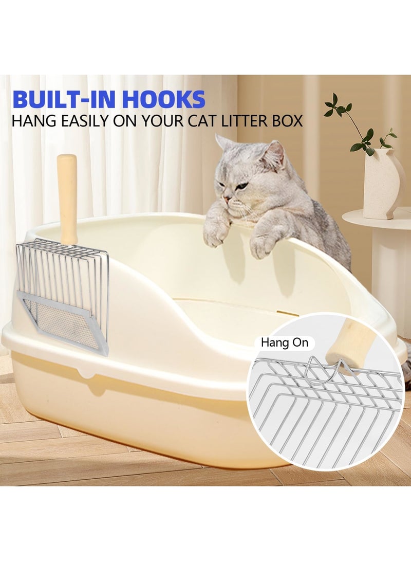 مغرفة فضلات معدنية بمقبض خشبي، مغرفة عميقة لجمع الفضلات وفلتر سريع، مجرفة فضلات للقطط لتنظيف صندوق الفضلات، مغرفة معدنية متينة للقطط الصغيرة (فضي) - Image 2